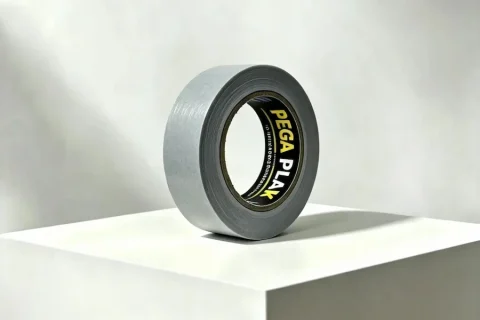 Rollo de cinta americana gris Pegaplak de tejido laminado en polietileno sobre fondo blanco