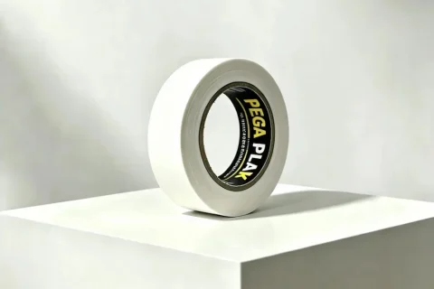 Rollo de cinta de carrocero blanca Pegaplak de papel crepé para enmascarar en pintura, sobre fondo blanco