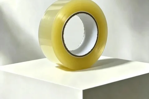 Rollo de cinta de embalar transparente Pegaplak de BOPP de 48 mm de ancho sobre fondo blanco
