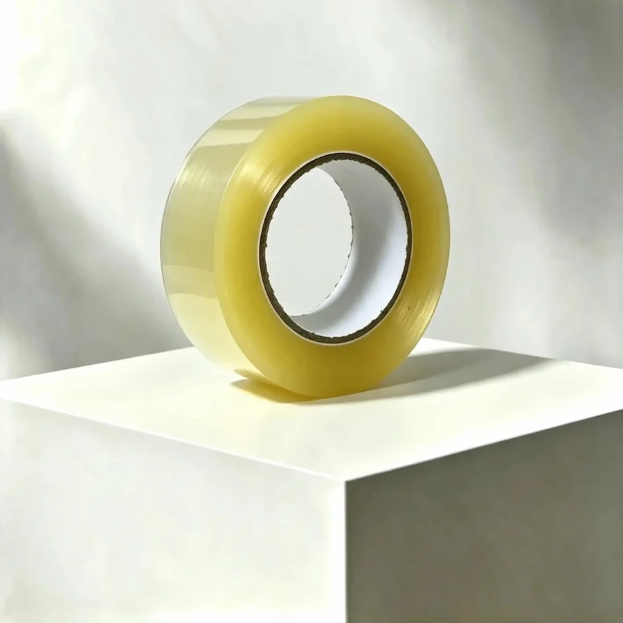 Rollo de cinta de embalar transparente Pegaplak de BOPP de 48 mm de ancho sobre fondo blanco